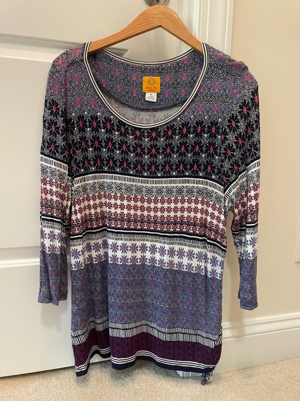 Ruby Rd. Navy, Purple & Pink Patterned Long Sleeve Scoop Neck Top